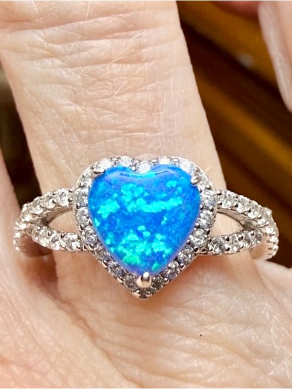 Blue Fire Opal Heart Ring Moissanite Diamomds 925 Sterling Silver STUNNING